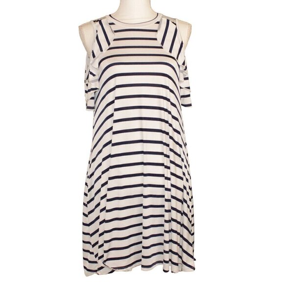 BellamieWomens Small White/Blue Stripped Peek a Boo Shoulder Comfy Dress Pockets - Picture 1 of 5